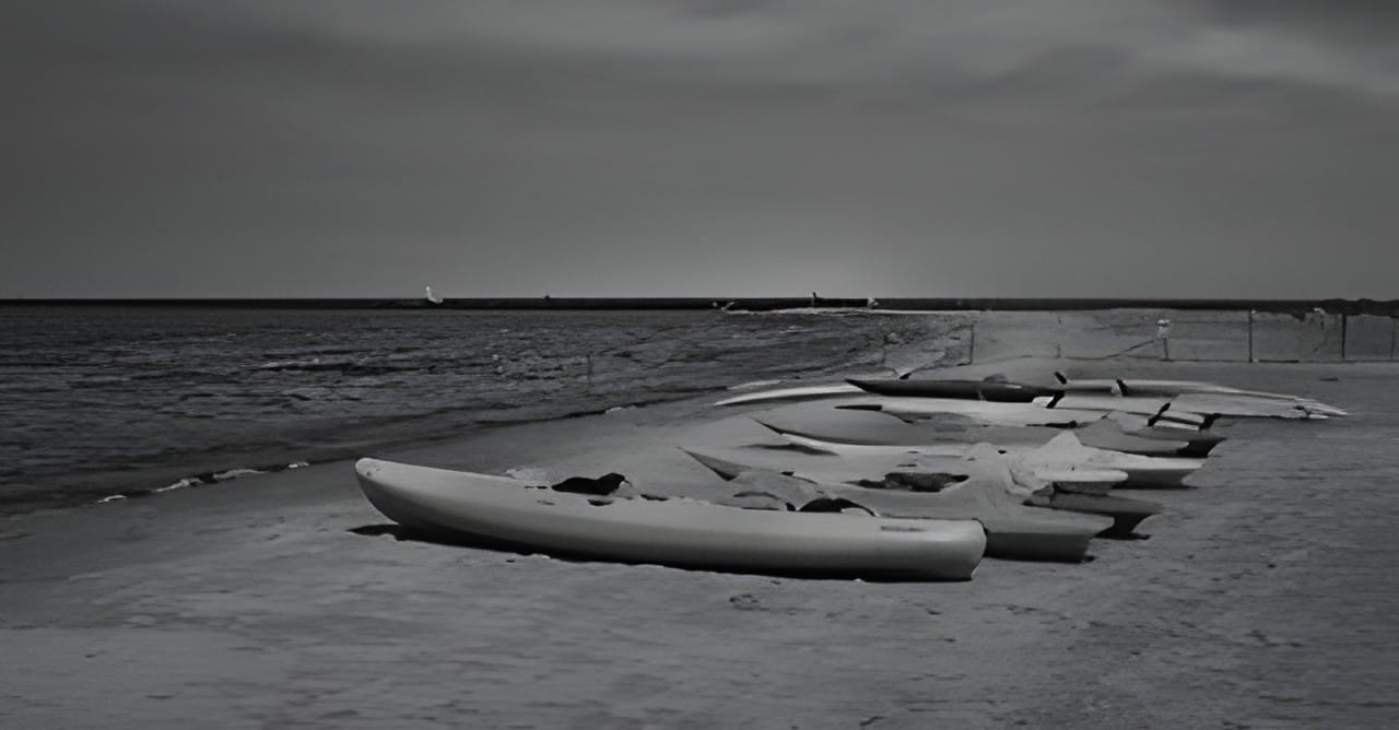 Kayaks beached on a shore at dusk