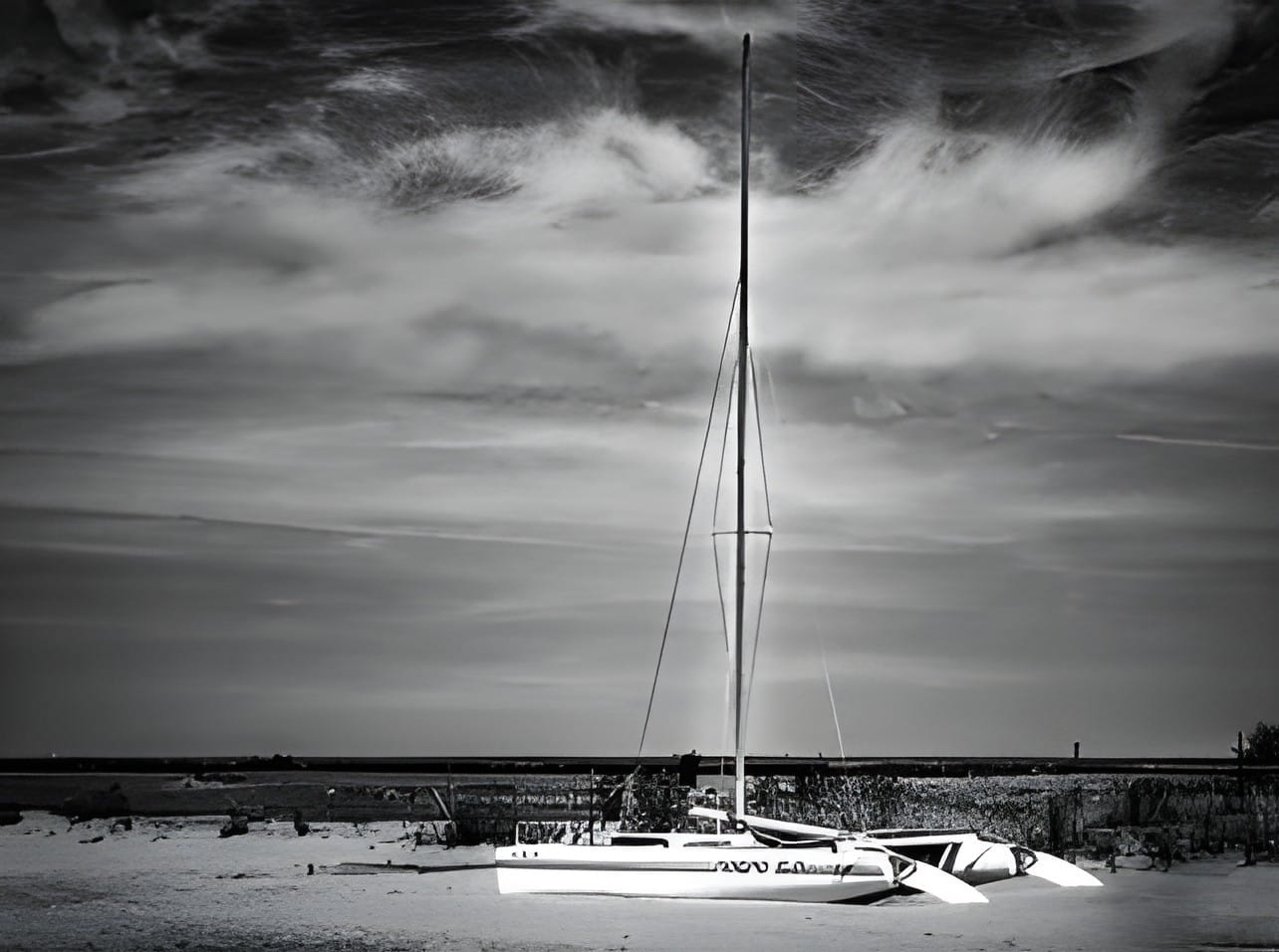 A sailboat beached under a dramatic sky, black and white