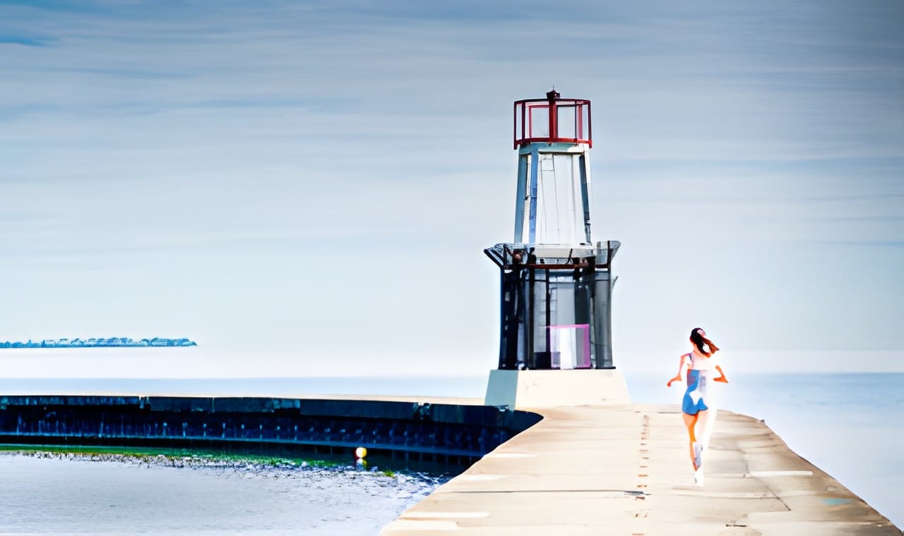 A runner approaching a small lighthouse beacon at the end of a pier, soft blue