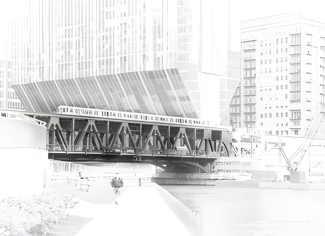 A Chicago bascule railroad bridge raised over the river in high key black and white