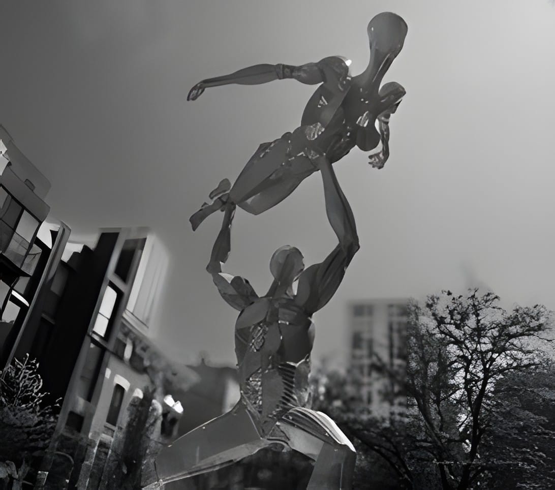 A bronze sculpture of two figures lifting, black and white