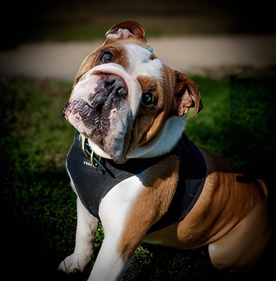 An English bulldog in a vest walking on grass