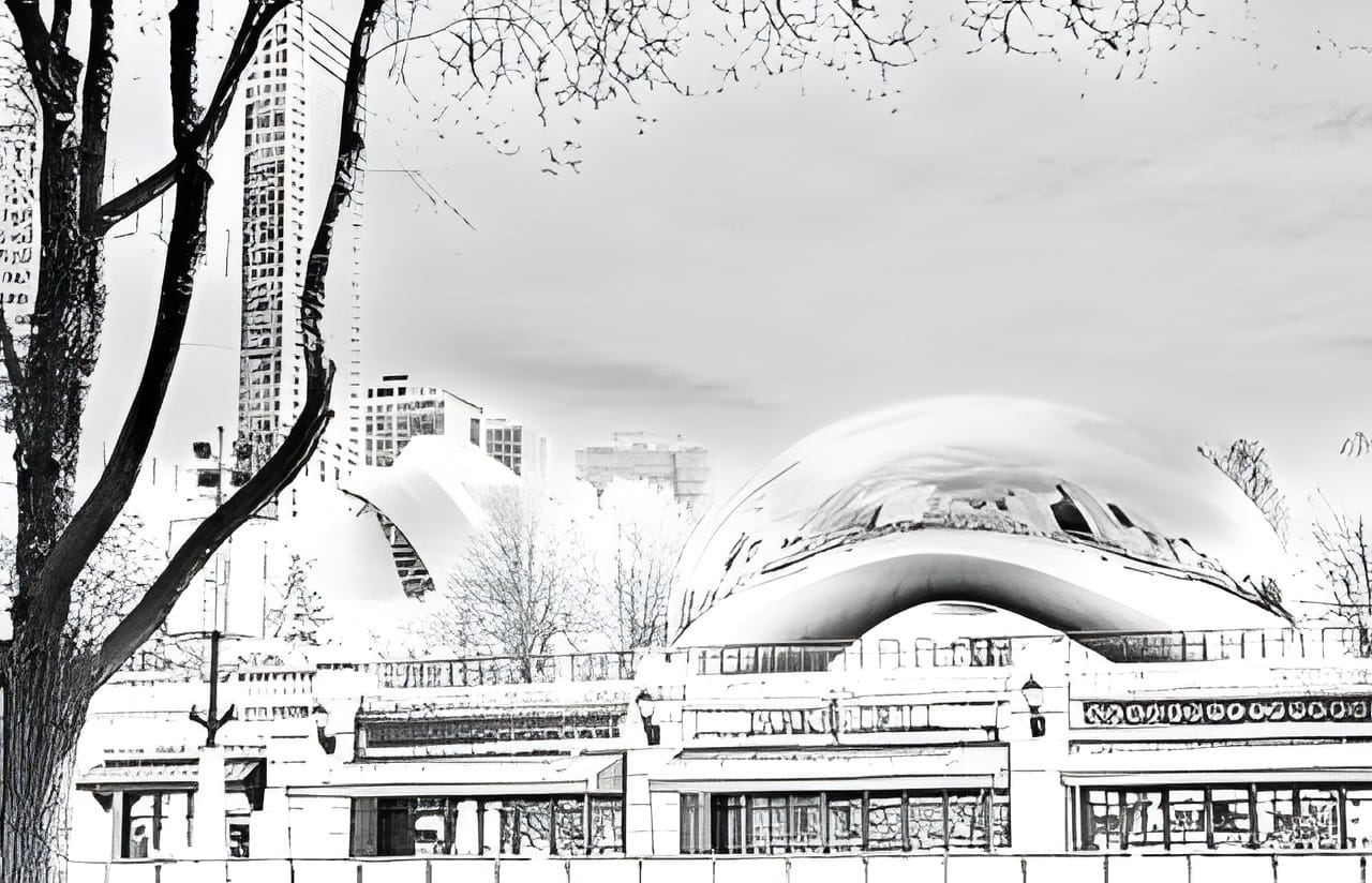 Cloud Gate, the Bean, with a bare tree in high contrast black and white