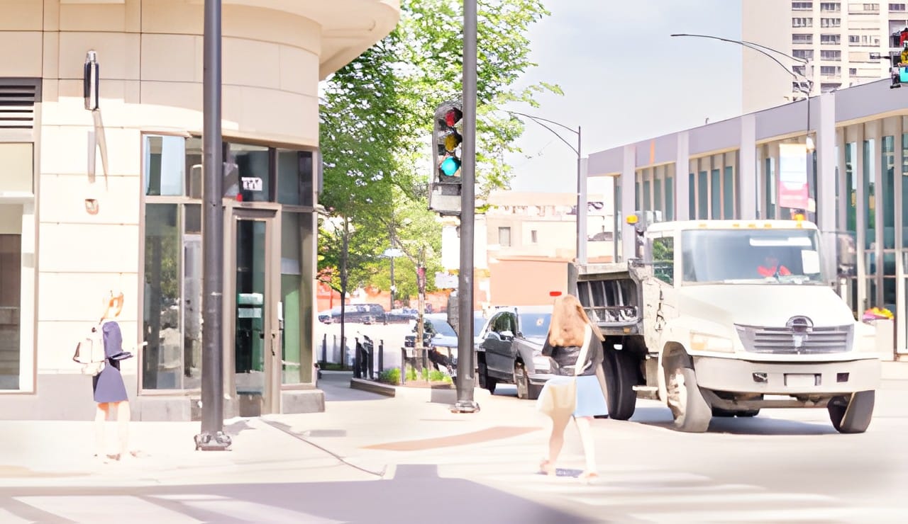A woman crossing a bright city street corner with a truck at the light, high key pastel