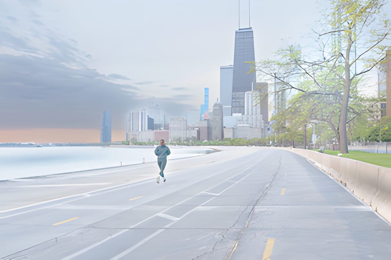 A lone runner on an empty lakefront road at dawn with the skyline beyond, soft pastel