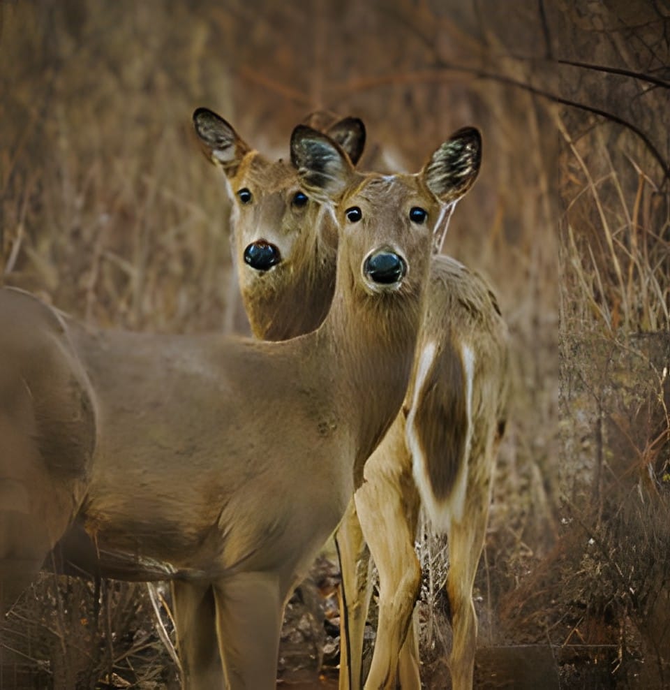Two young deer standing with their heads close together
