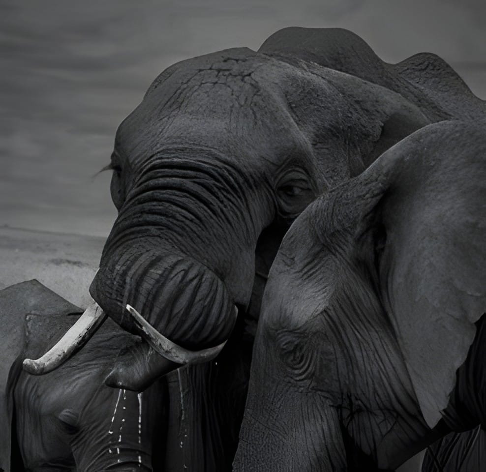A close black and white portrait of an elephant