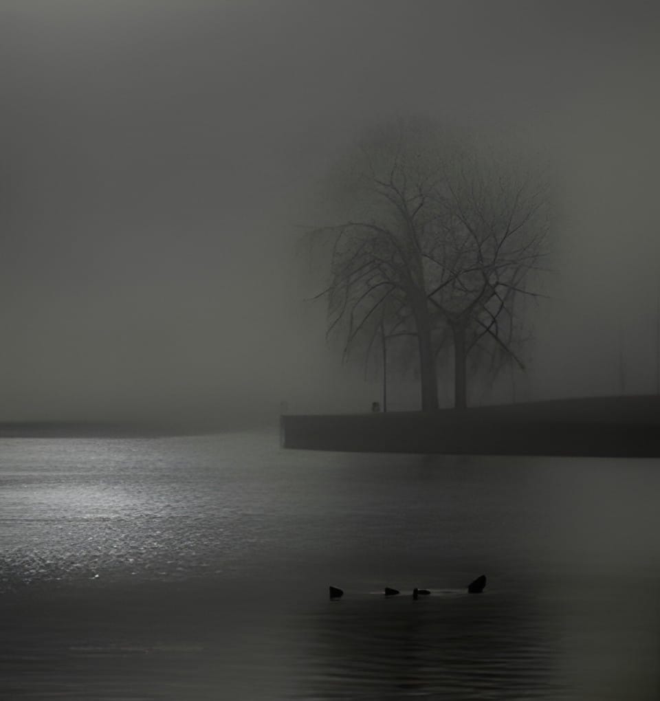 A lone tree and ducks on a still foggy lake