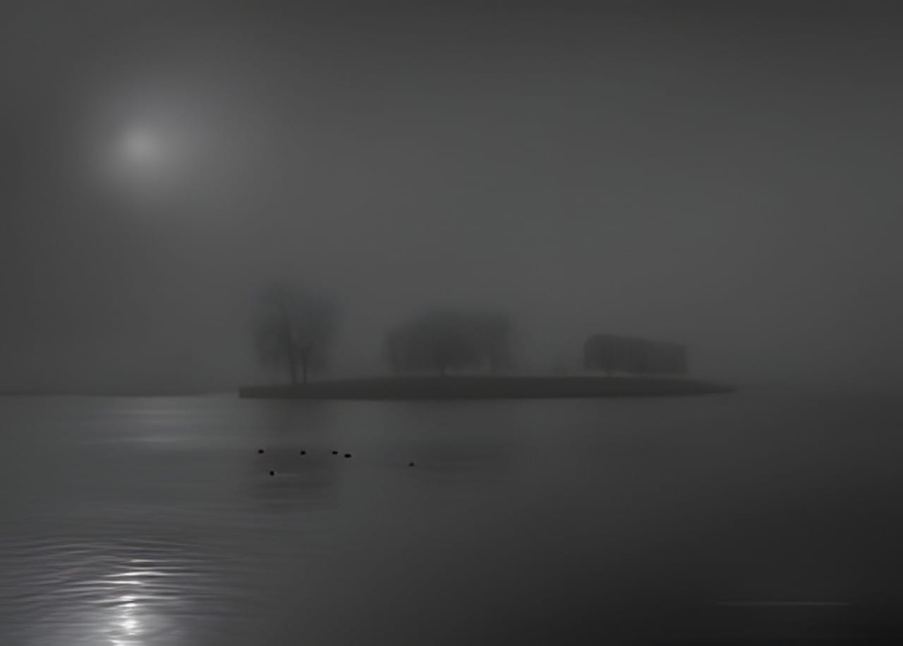 A tree-covered island faint through morning fog on the water