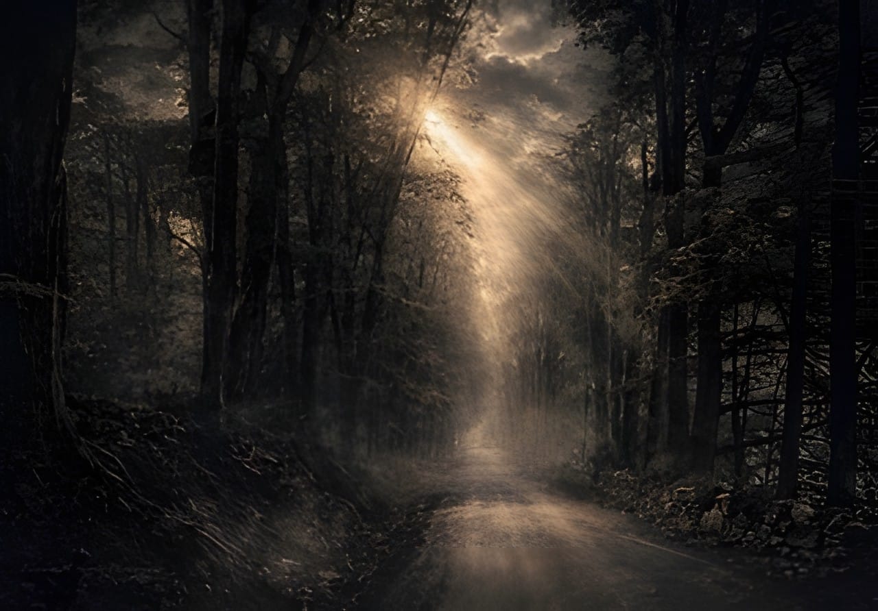 Sunlight falling in shafts through a forest