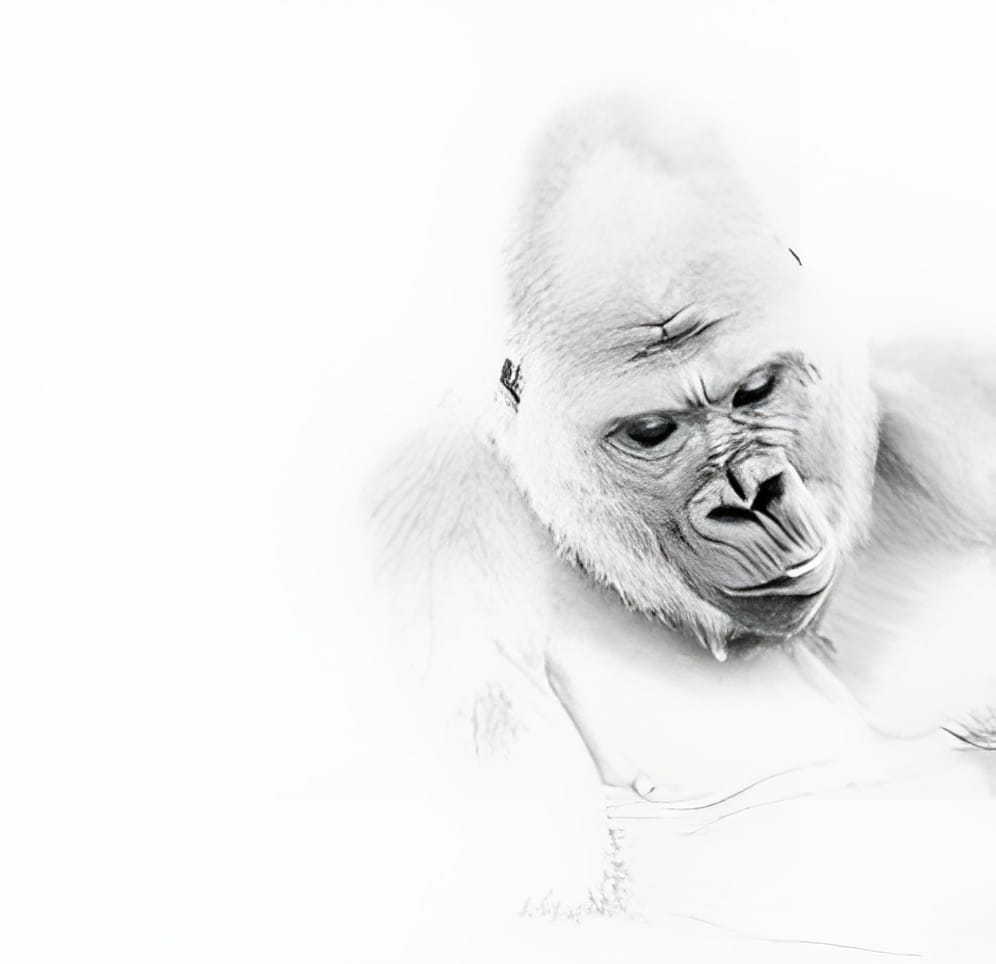 A gorilla looking gently downward, fading into a white background