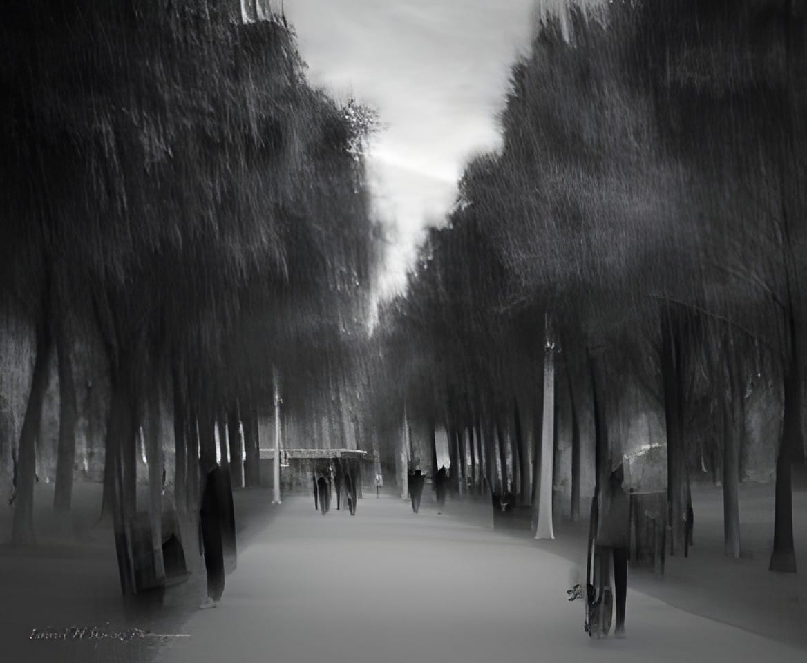 A black and white tree lined avenue with people, blurred by intentional camera movement