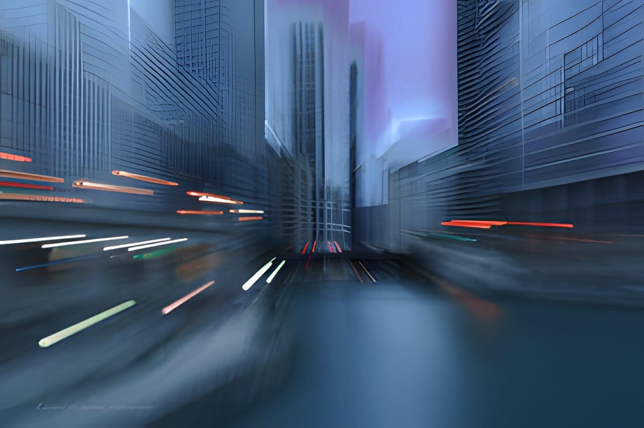 City skyscrapers and light trails blurred by intentional camera movement