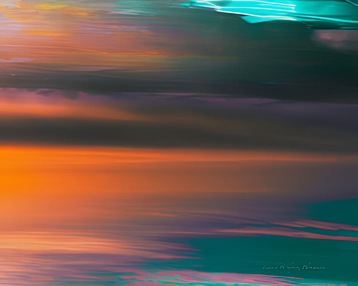 An abstract of orange, teal and green color bands from intentional camera movement