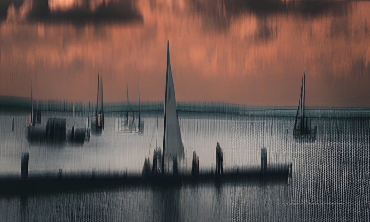 A goose on dark water among sailboat masts at dusk, softened by intentional camera movement