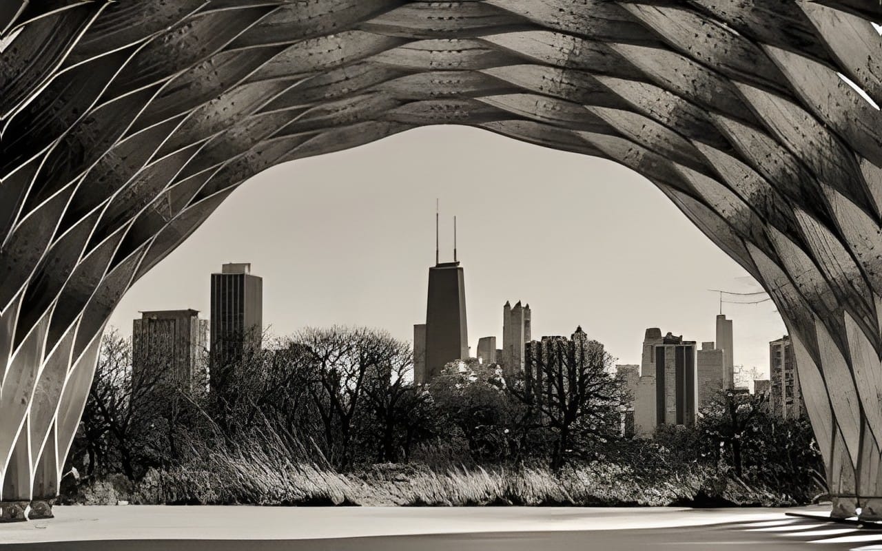 The Chicago skyline framed by the steel arches of Pritzker Pavilion, black and white