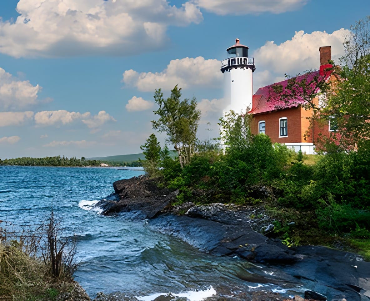A lighthouse with a red roof on a rocky point above blue water