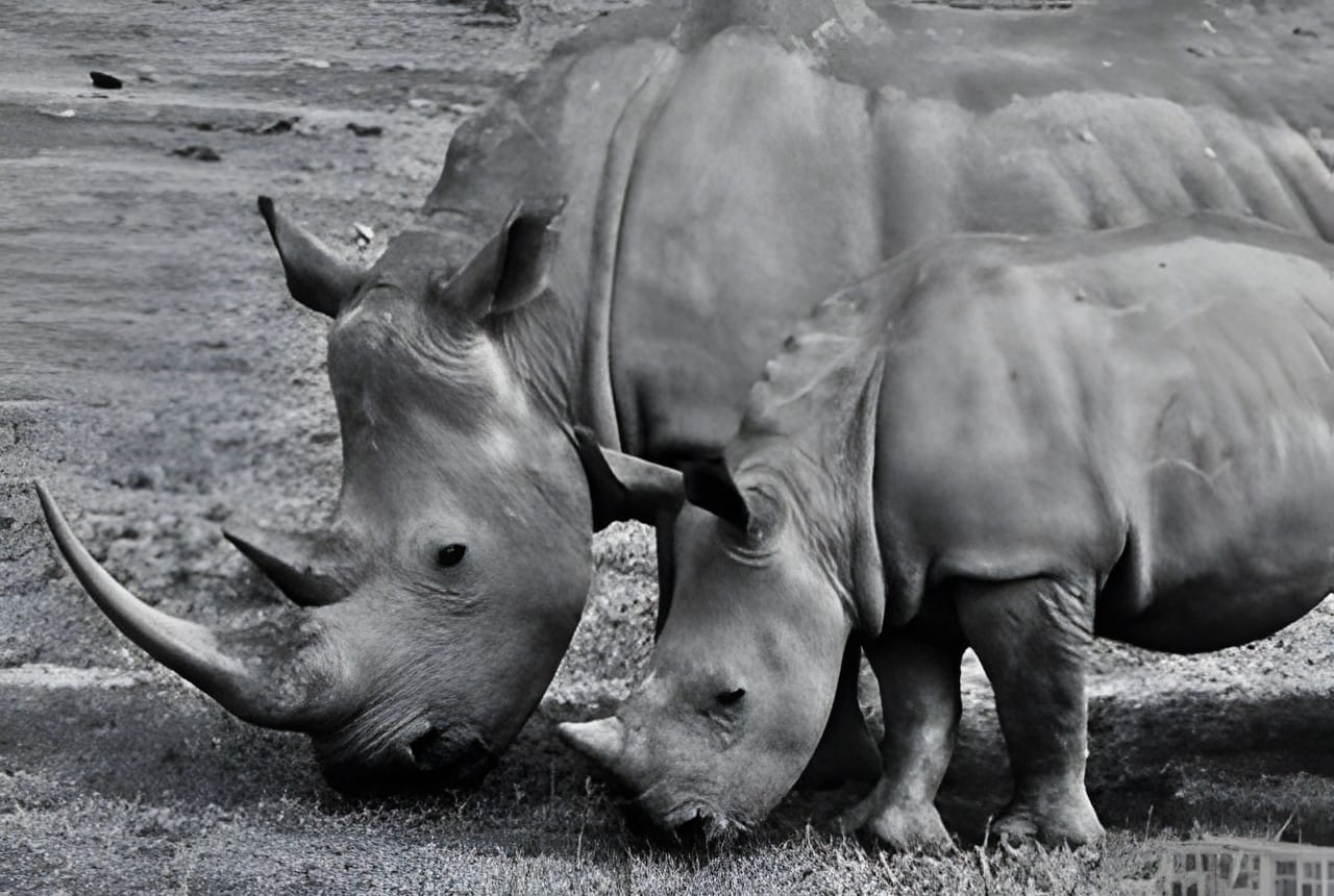 Two rhinoceroses standing together, black and white