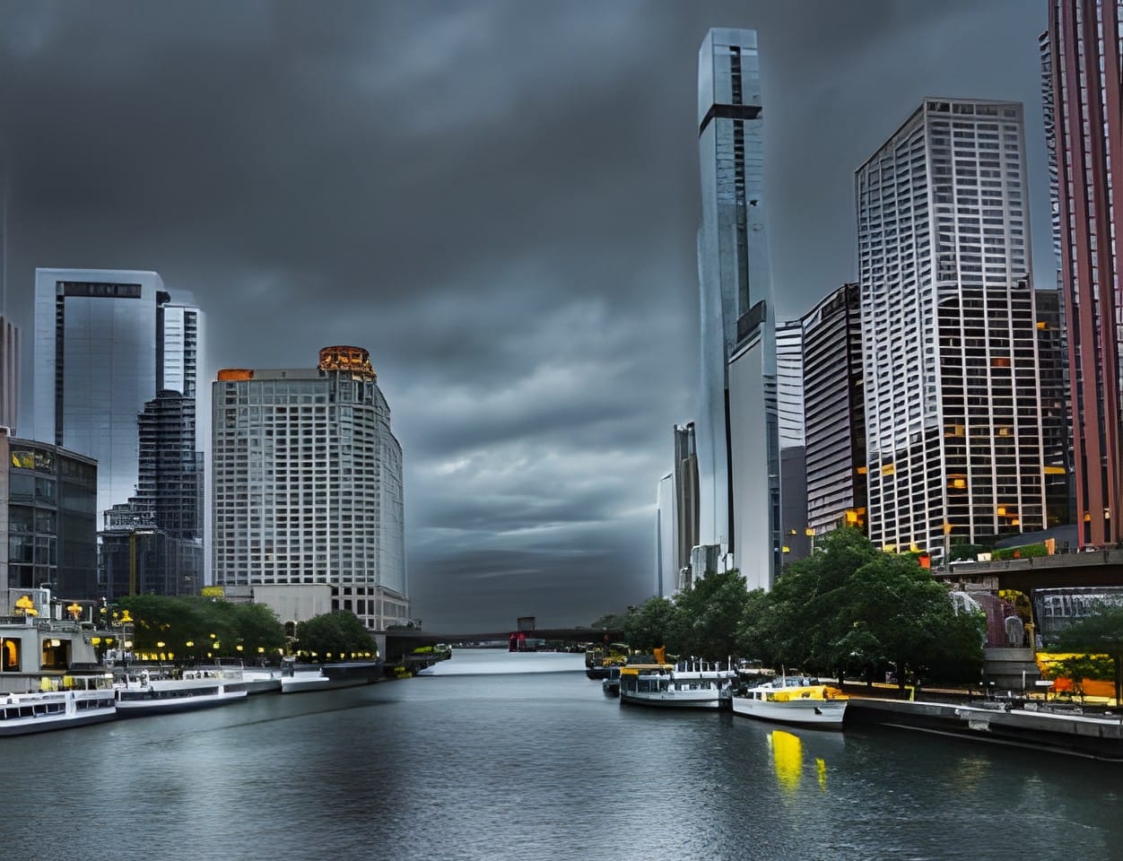 Low clouds over the Chicago River and skyline