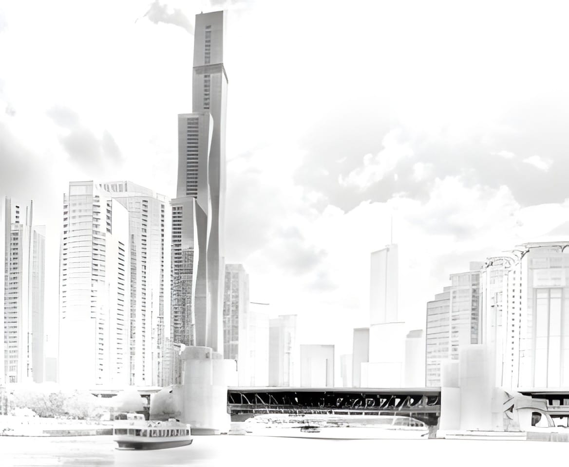Chicago skyline with the curving St. Regis tower in high key white above the river
