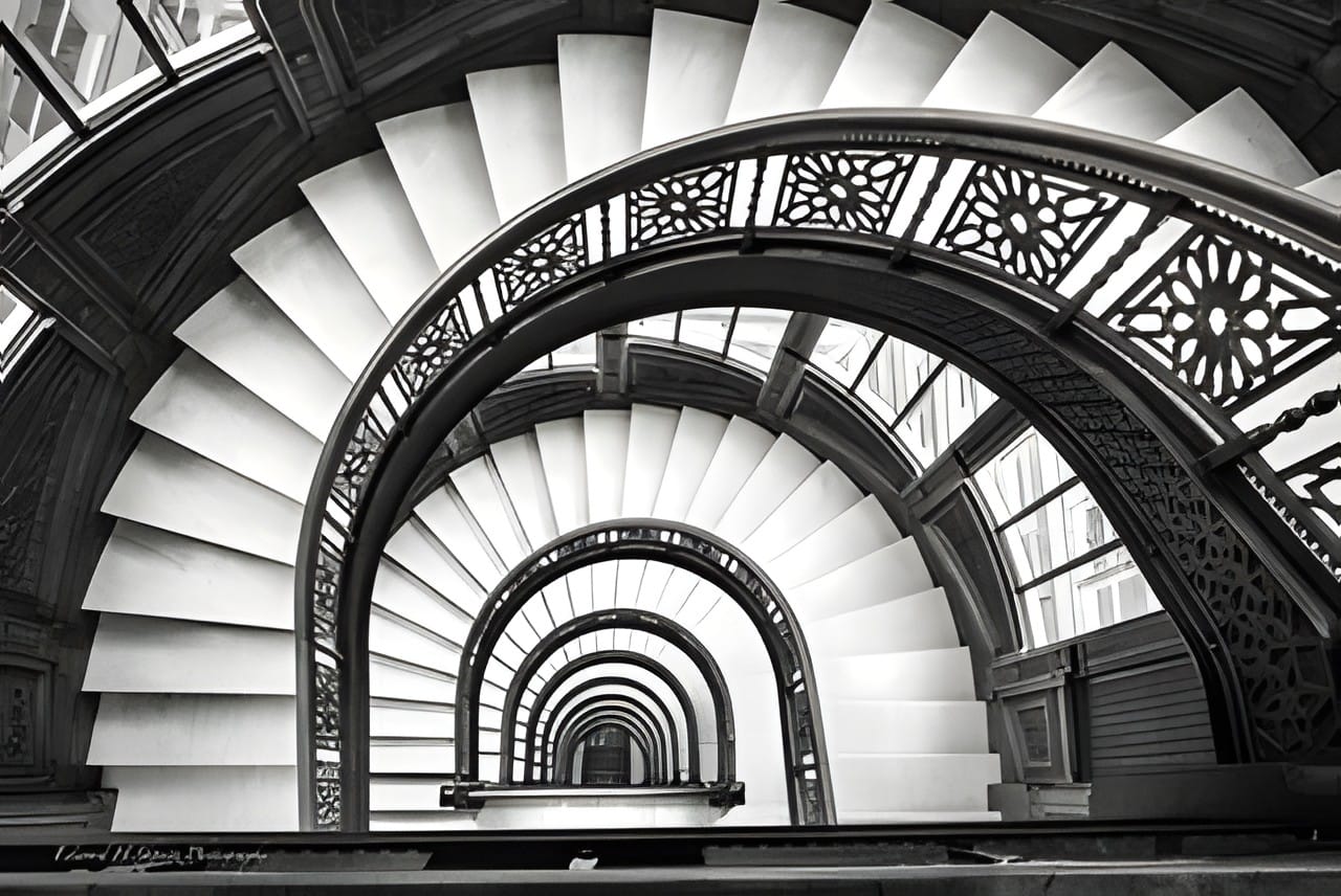 A spiral staircase seen from above, black and white