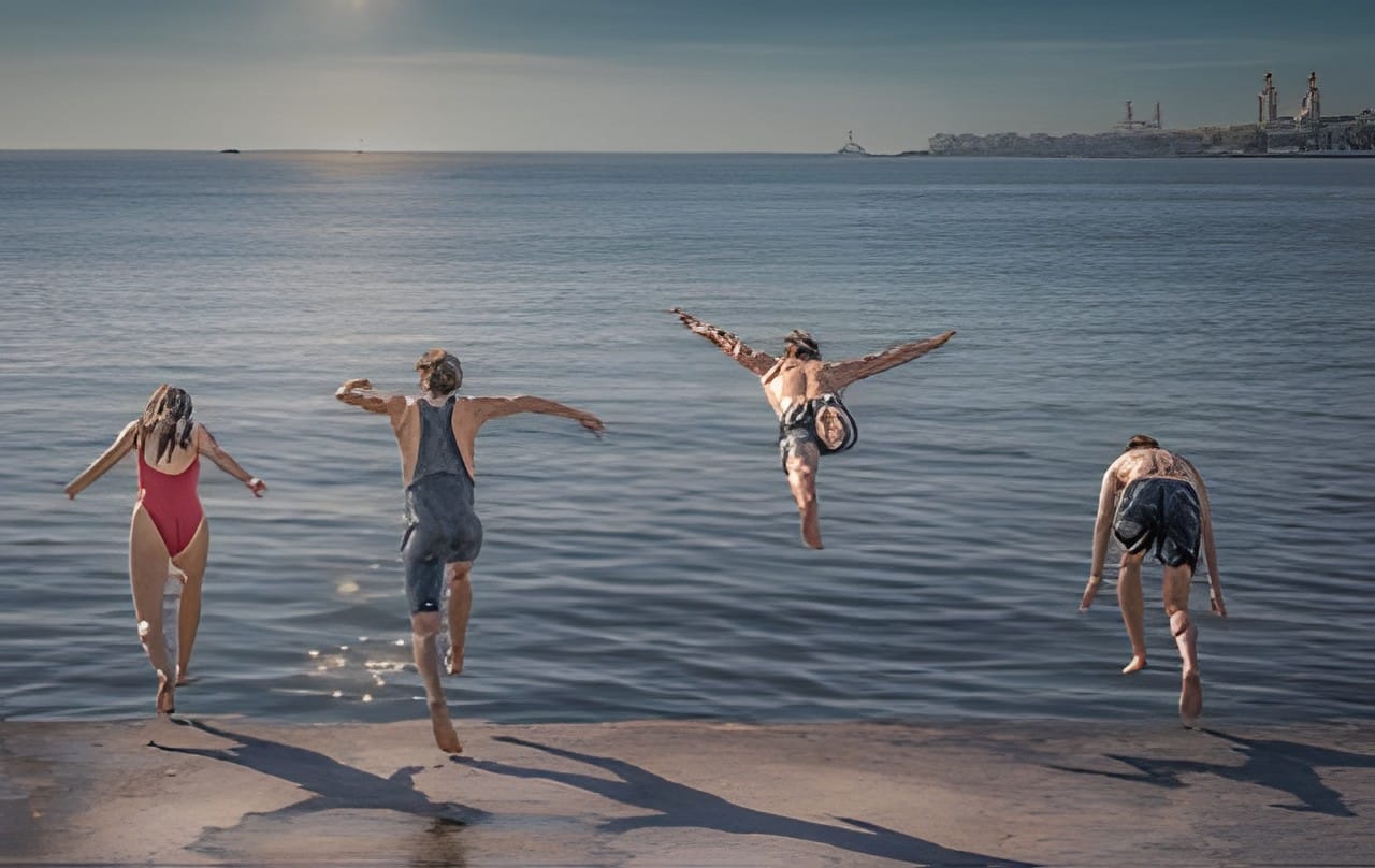 Children jumping into the lake on a summer day