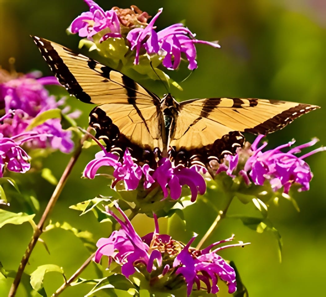 A tiger swallowtail butterfly on pink bee balm flowers