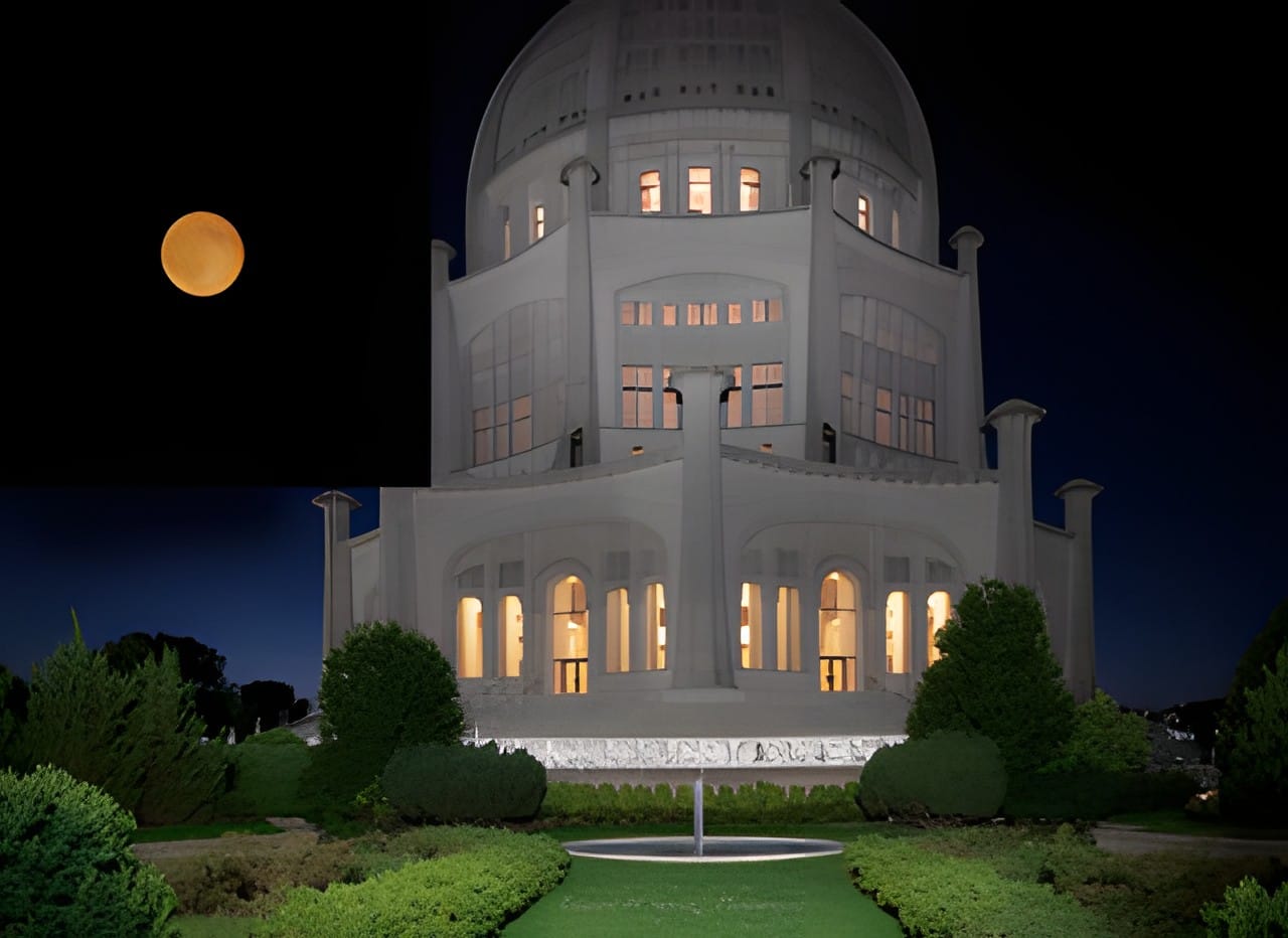 The Baha'i House of Worship glowing at night beneath a full moon