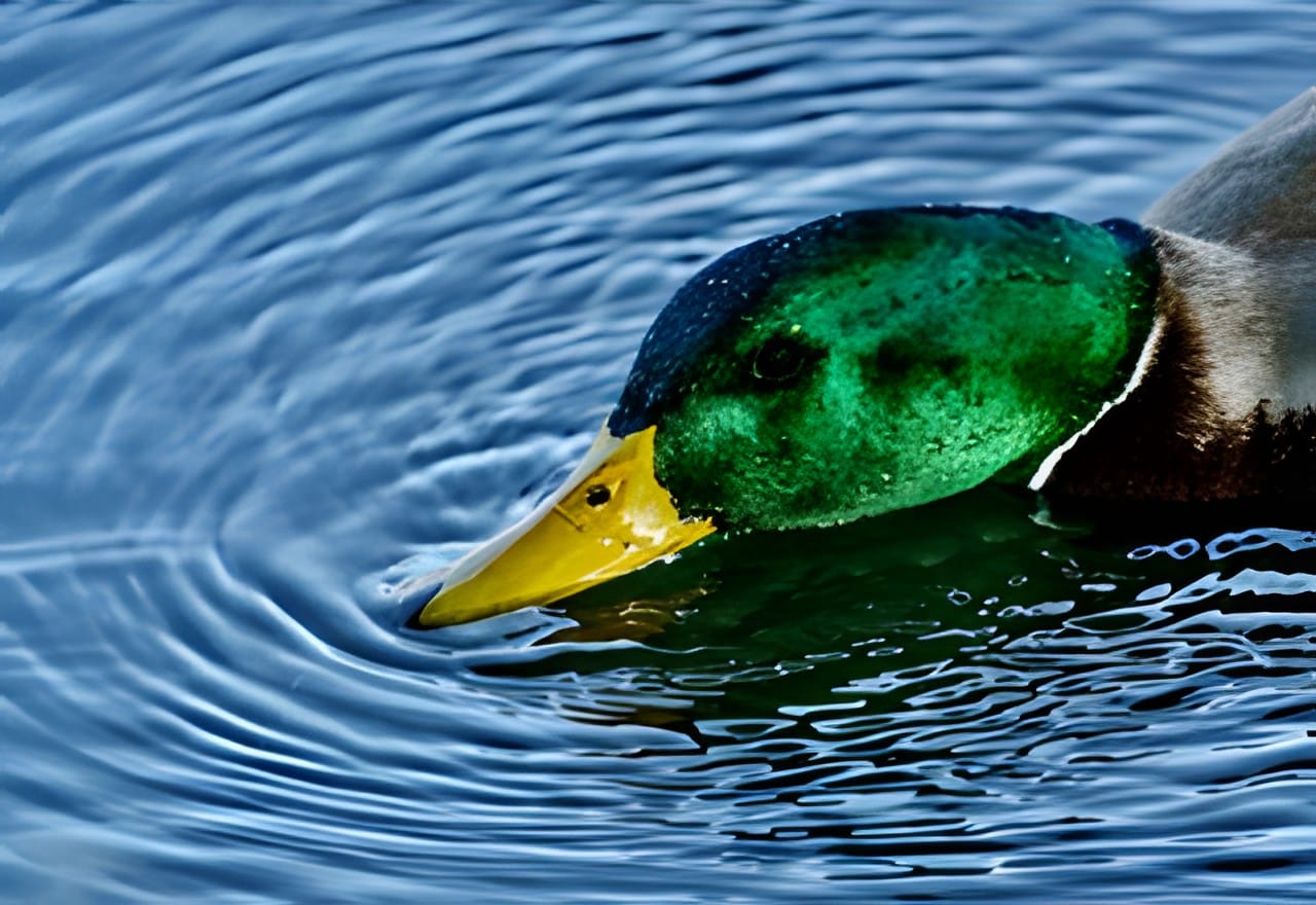 Close up of a mallard drake's green head dipping into rippling blue water
