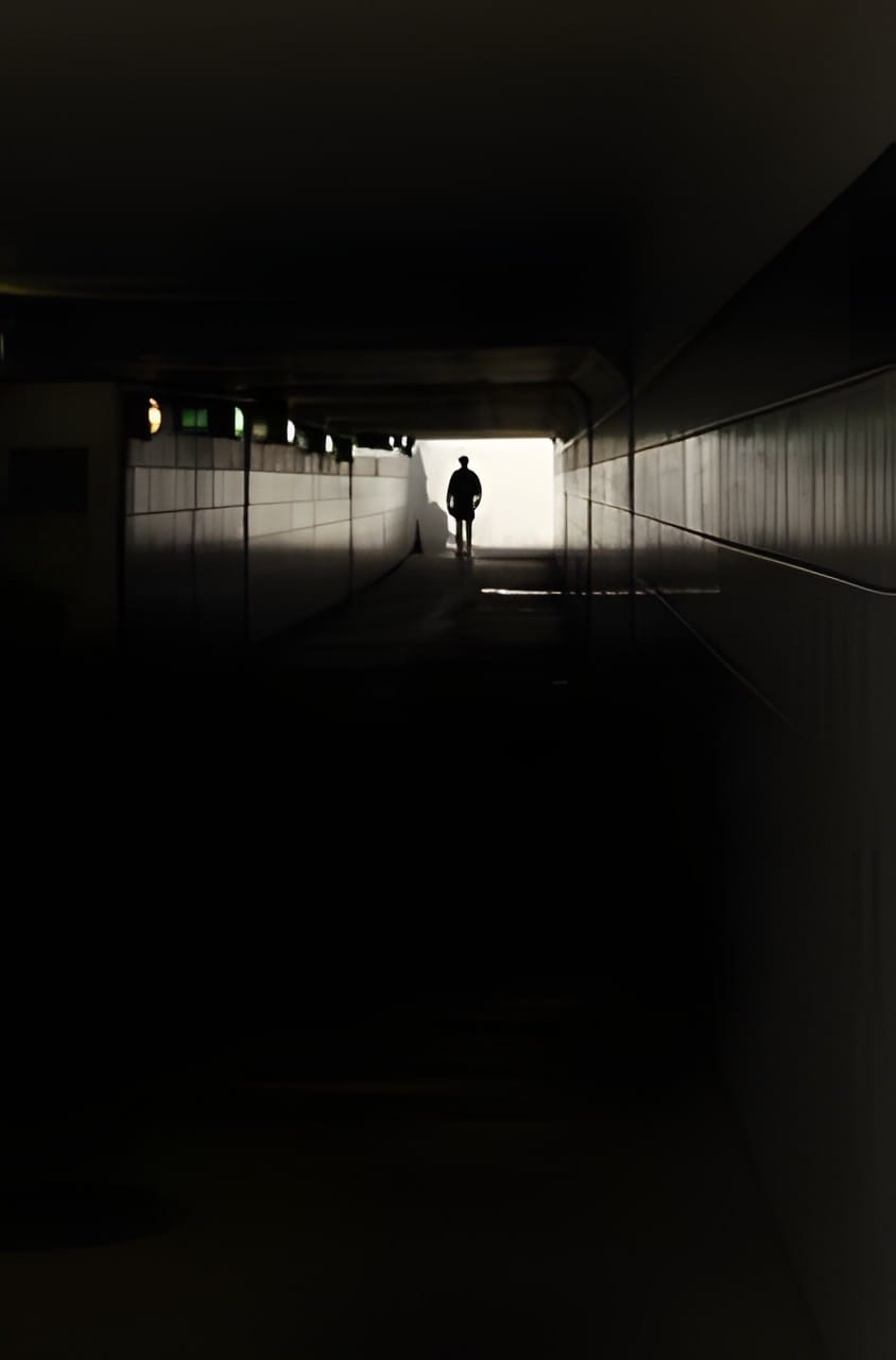 A lone figure silhouetted walking through a dark tunnel toward light