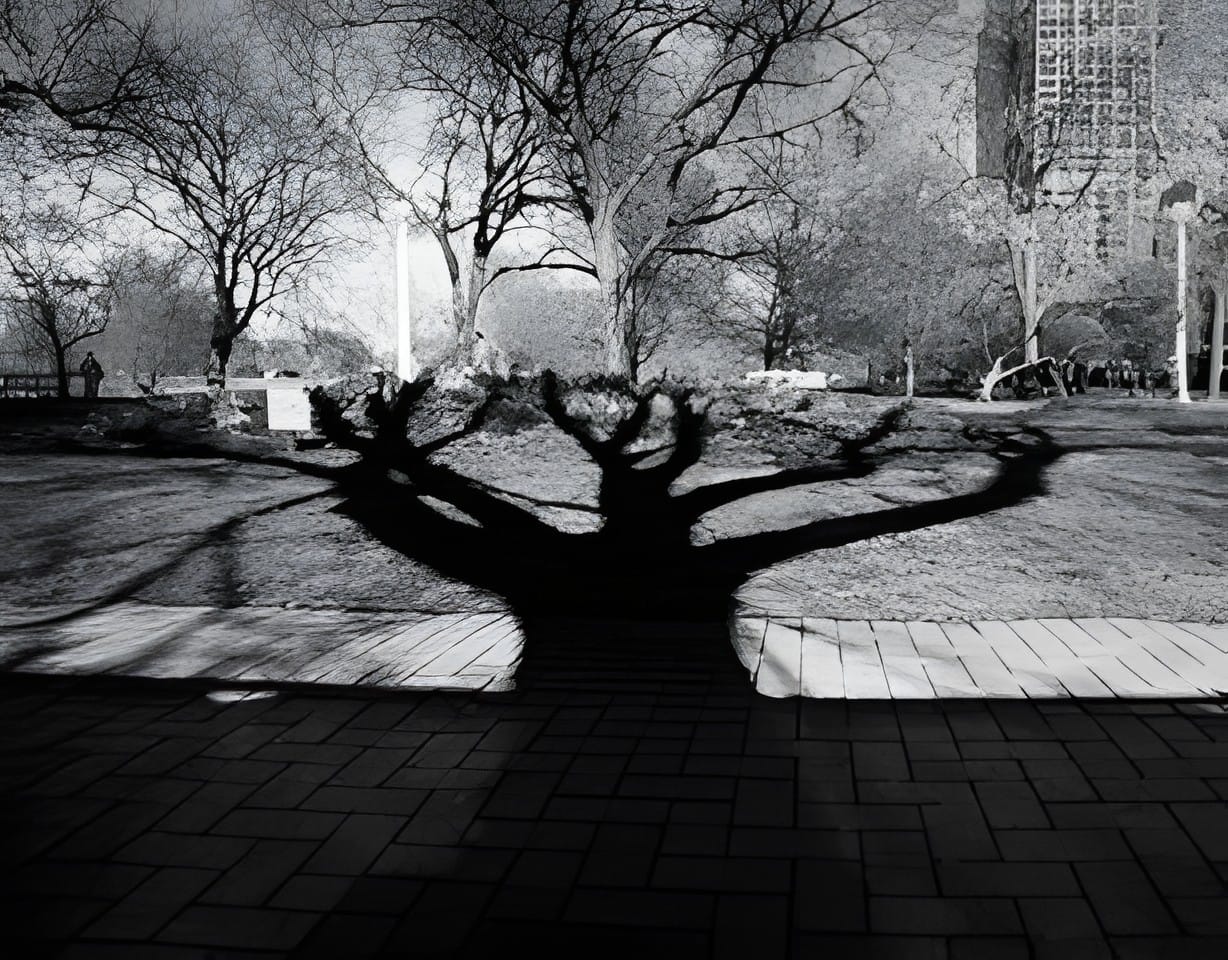 The long shadow of a bare tree cast on pavement, black and white