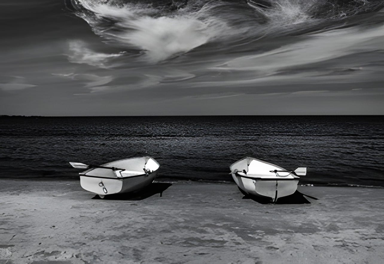 Two rowboats beached on a shore, black and white
