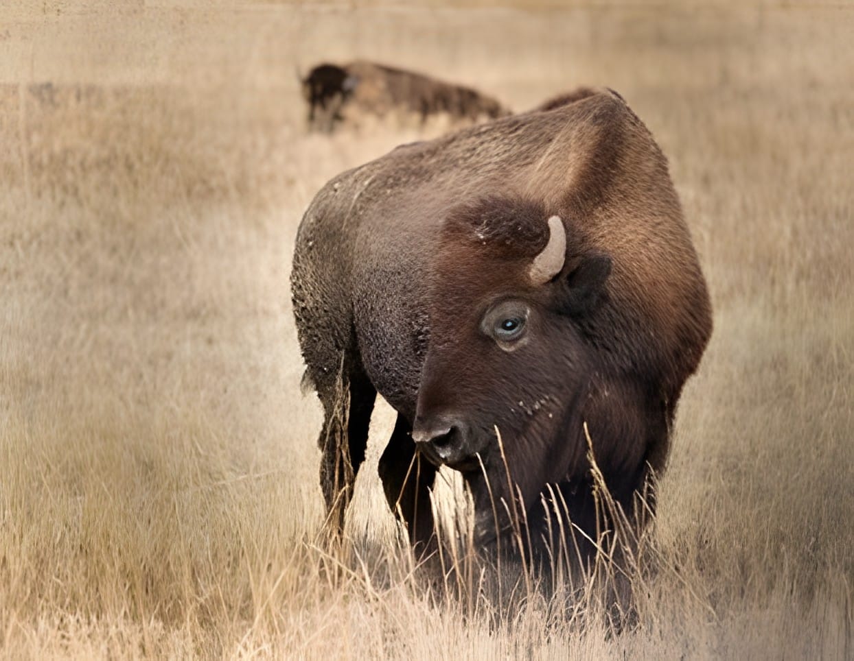 A wildebeest standing in tall golden grass