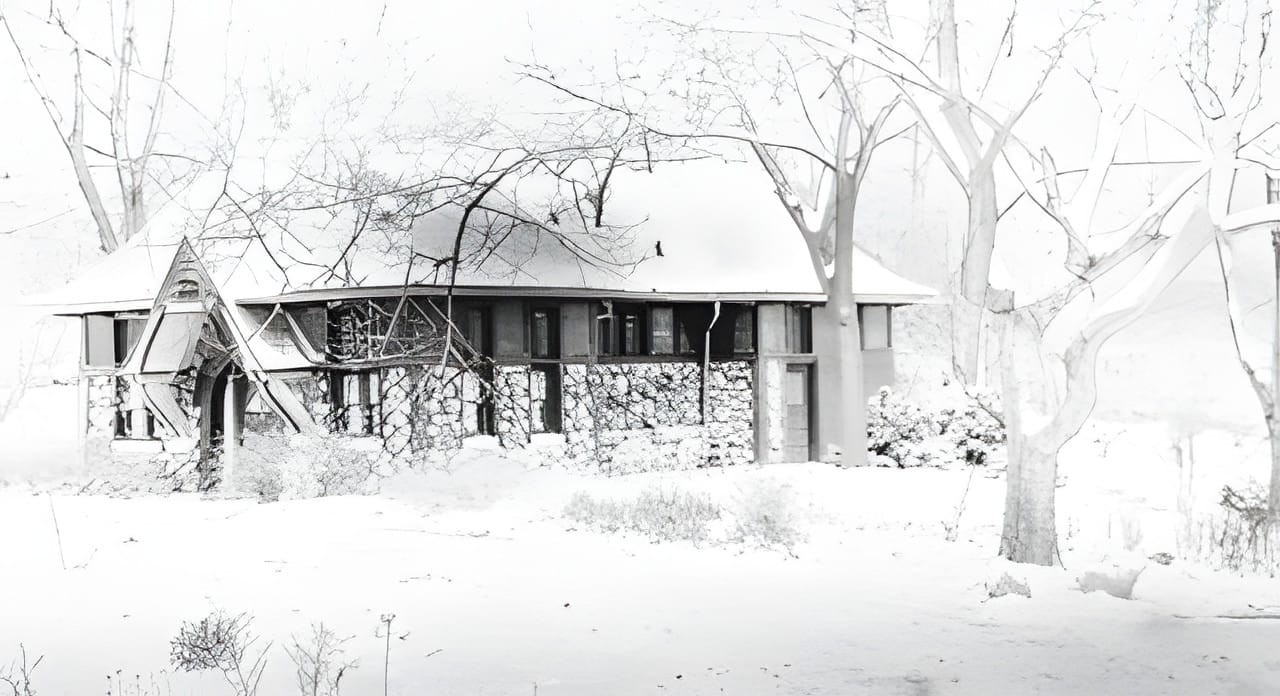 A snow covered log cabin among bare winter trees, high key white
