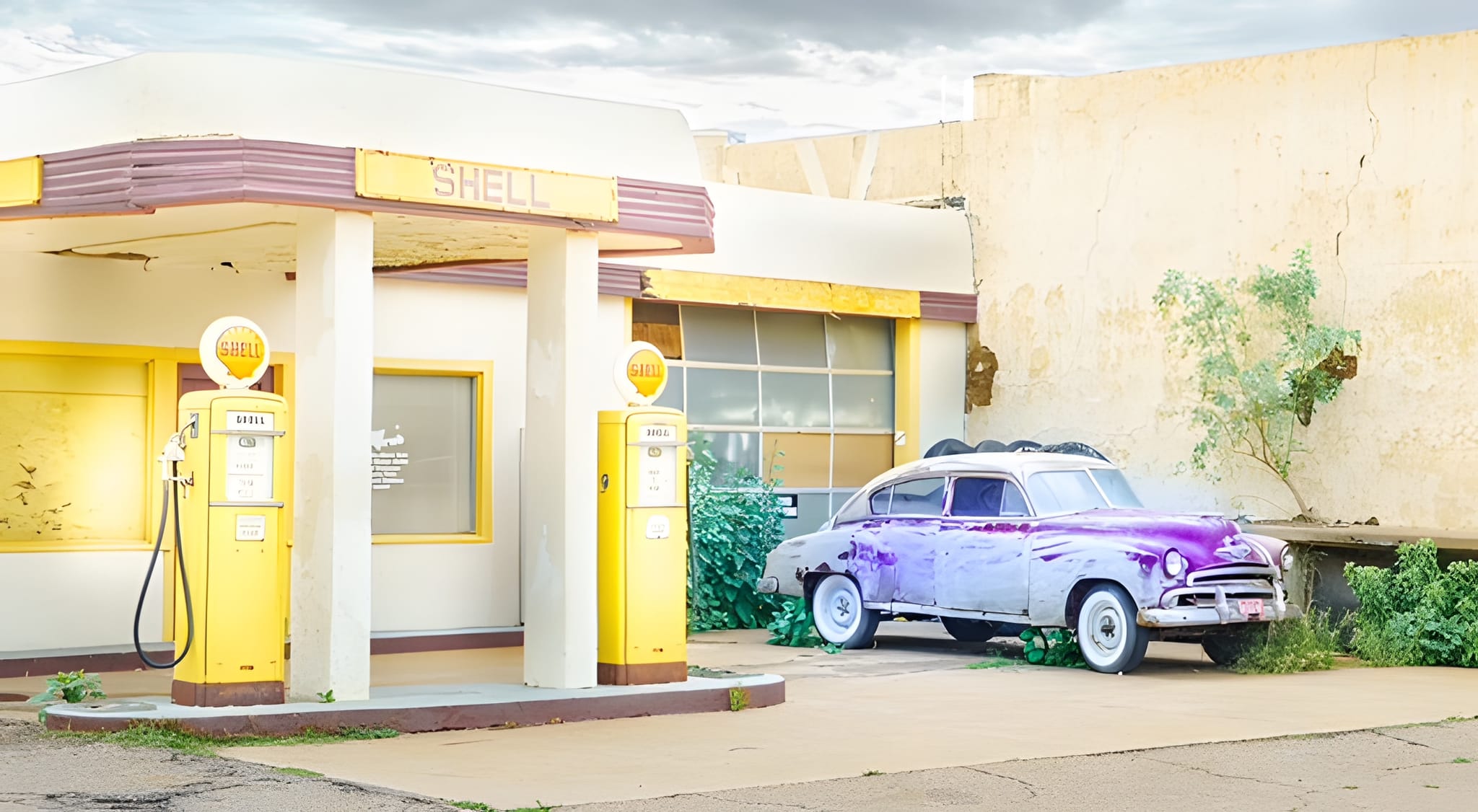 Old Shell station and a vintage car — by Ed Shpritz