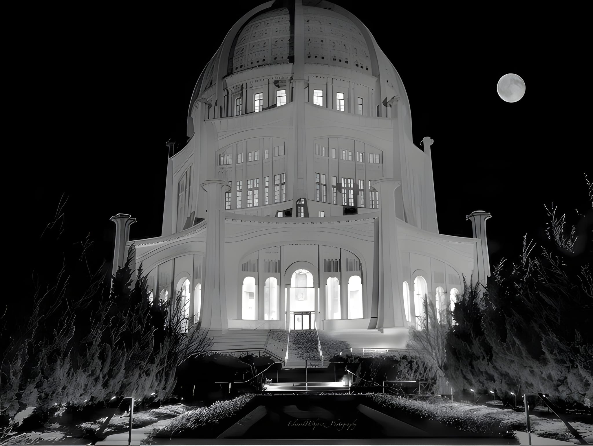 Baháʼí House of Worship under a harvest moon, near Chicago