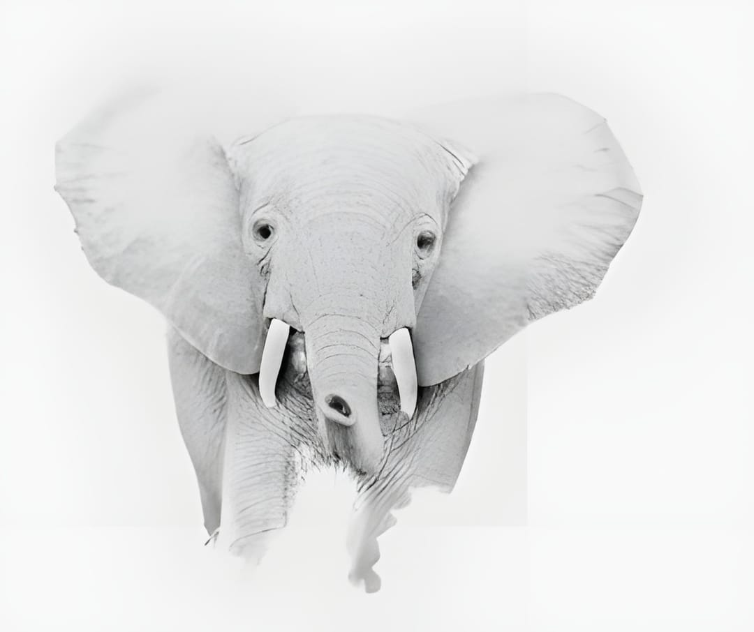 A baby elephant facing forward with ears spread wide, high key white