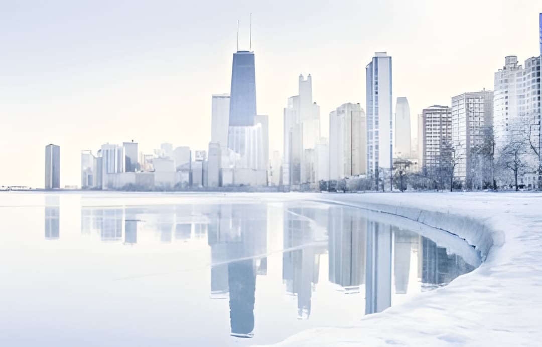 The Chicago skyline reflected in icy lake water, soft pastel