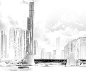 Chicago skyline with the curving St. Regis tower in high key white above the river